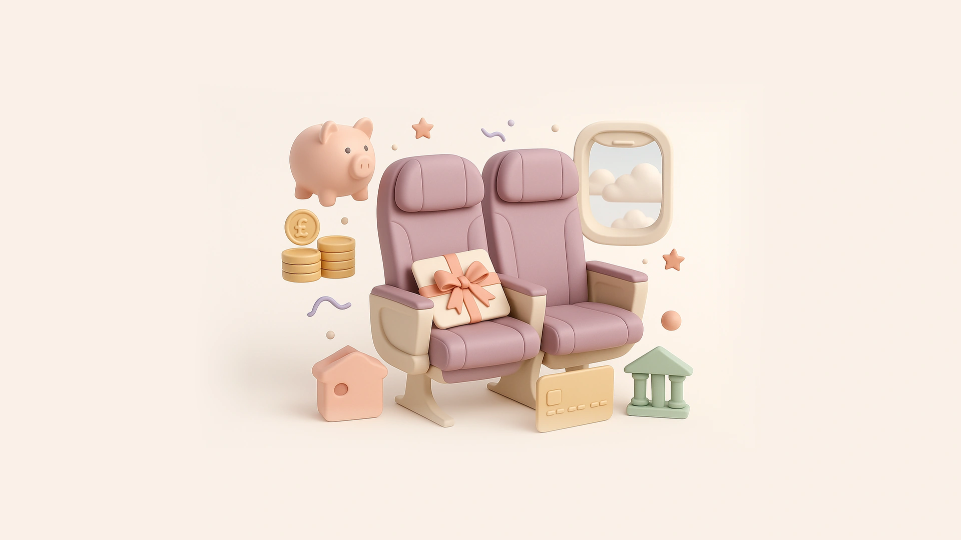 Two airline seats side by side in a bright aircraft cabin, one with a gift-wrapped ticket on it, with soft clouds outside the window