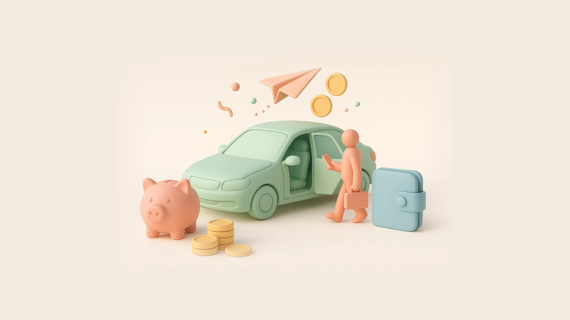 A commuter stepping into a ride-share car on a city street at sunrise, phone in hand, with a paper plane and coins floating above to show rewards earned