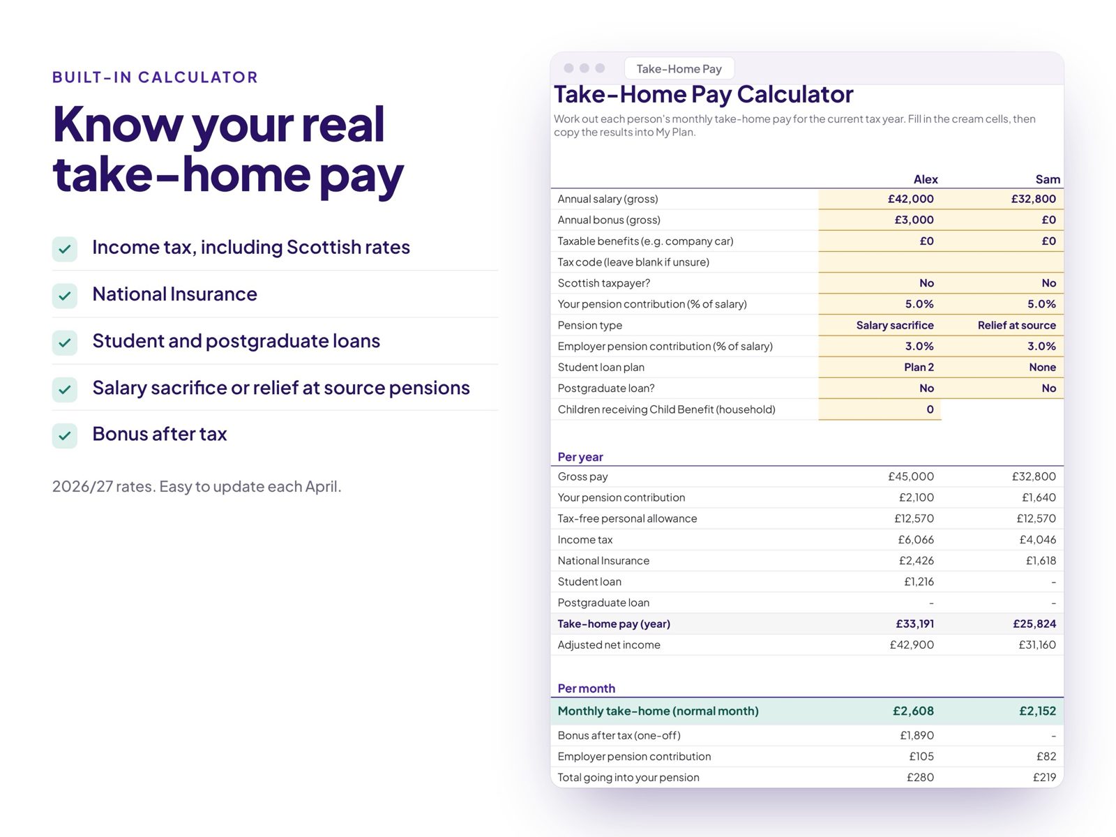 UK take-home pay calculator with tax, NI, student loan and pension
