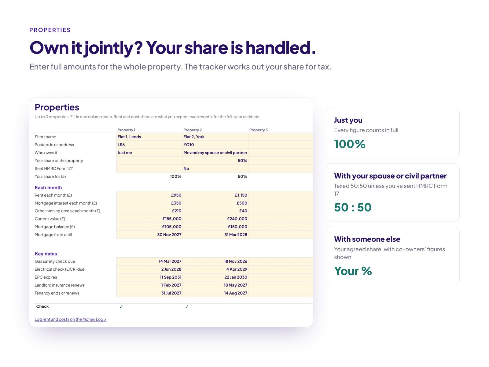 Properties tab with ownership type, share and safety check dates