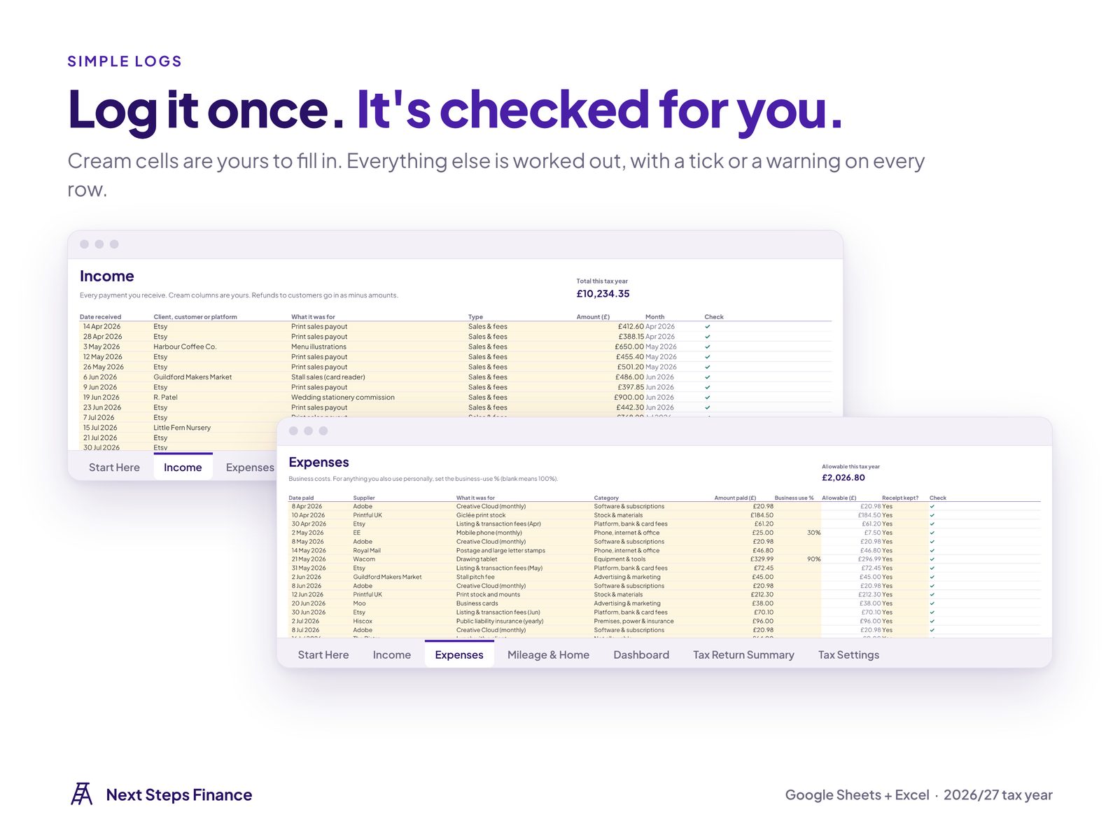 Income and expense logs with categories and business-use percentage